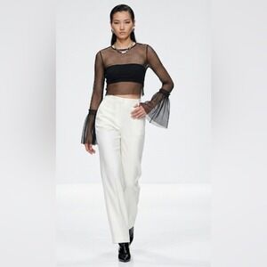 Forever 21 Contemporary Black Sheer Mesh Bell Sleeve Crop Top Round Neck Medium